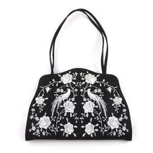 Lulu Guinness Chinese Knitting Handbag Black Satin White Embroidered.
